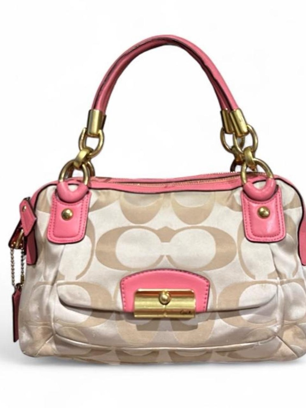 Coach Kristin Beige Signature Canvas Satchel with Pink Trim